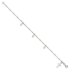 Sterling Silver Polished and Beaded with Glass Pearls and Cross Charm 7.5 inch Bracelet QG7124-7.5