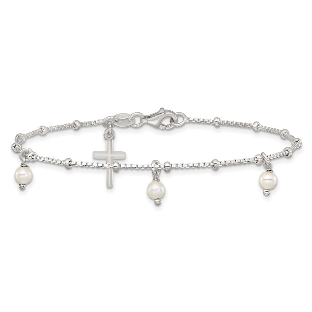 Sterling Silver Polished and Beaded with Glass Pearls and Cross Charm 7.5 inch Bracelet QG7124-7.5