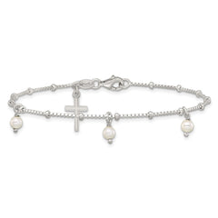 Sterling Silver Polished and Beaded with Glass Pearls and Cross Charm 7.5 inch Bracelet QG7124-7.5