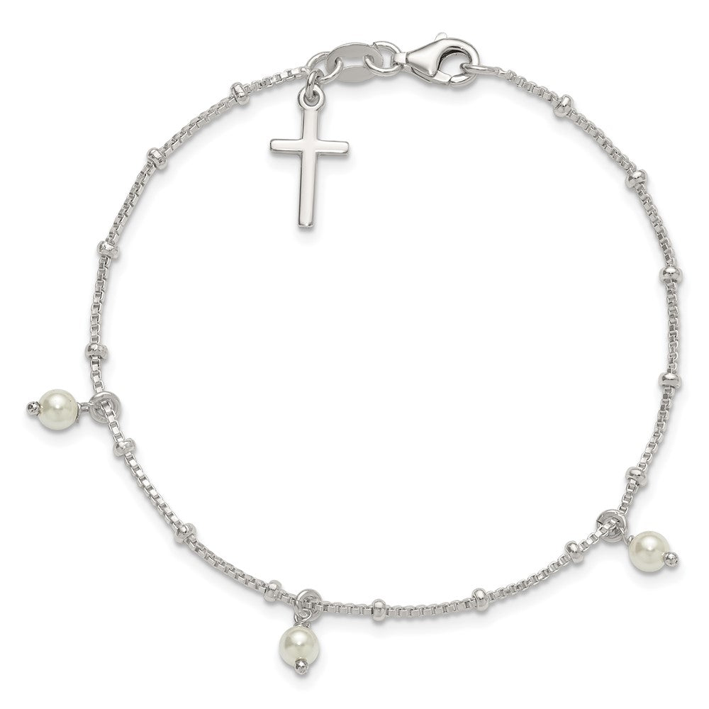 Sterling Silver Polished and Beaded with Glass Pearls and Cross Charm 7.5 inch Bracelet QG7124-7.5