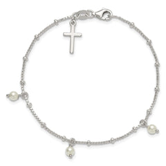 Sterling Silver Polished and Beaded with Glass Pearls and Cross Charm 7.5 inch Bracelet QG7124-7.5