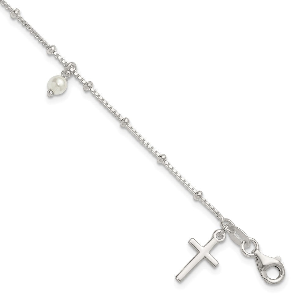 Sterling Silver Polished and Beaded with Glass Pearls and Cross Charm 7.5 inch Bracelet QG7124-7.5