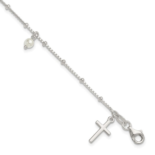Sterling Silver Polished and Beaded with Glass Pearls and Cross Charm 7.5 inch Bracelet QG7124-7.5