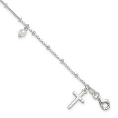 Sterling Silver Polished and Beaded with Glass Pearls and Cross Charm 7.5 inch Bracelet QG7124-7.5
