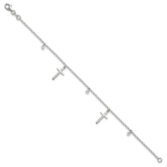 Sterling Silver Polished White CZ Dangles and Cross Charm 7.5 inch Bracelet QG7125-7.5