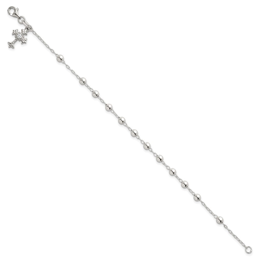 Sterling Silver Polished Beaded with White CZ Fleur de Lis Cross Charm 7.5 inch Bracelet QG7126-7.5