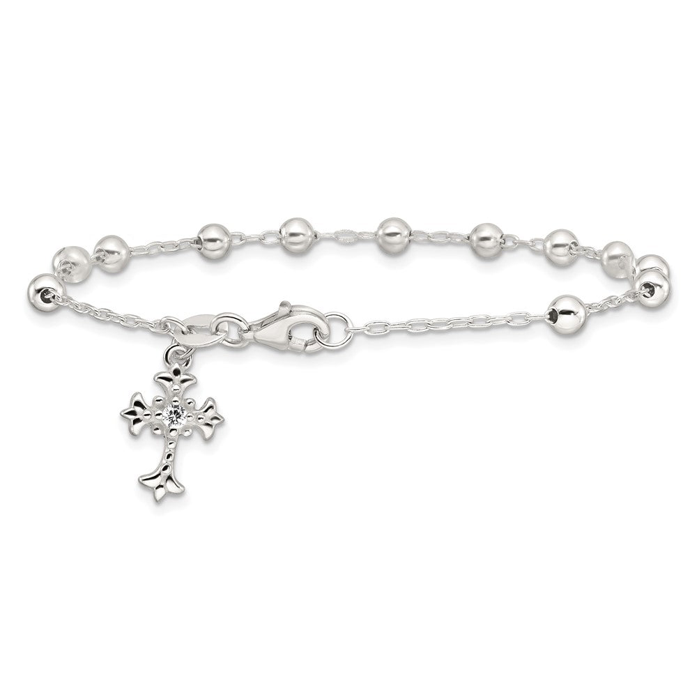 Sterling Silver Polished Beaded with White CZ Fleur de Lis Cross Charm 7.5 inch Bracelet QG7126-7.5