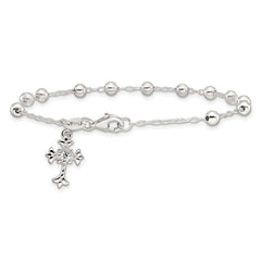 Sterling Silver Polished Beaded with White CZ Fleur de Lis Cross Charm 7.5 inch Bracelet QG7126-7.5