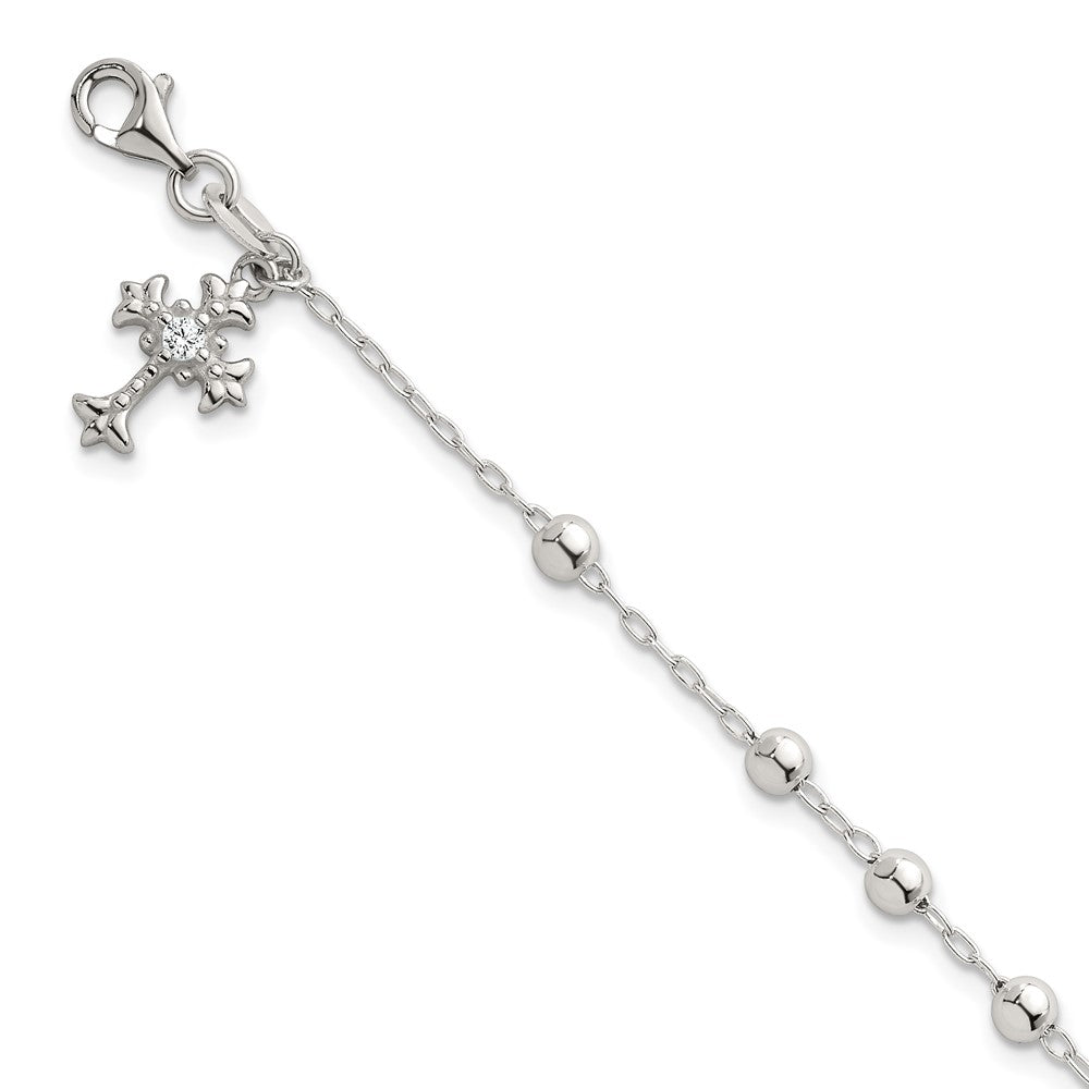 Sterling Silver Polished Beaded with White CZ Fleur de Lis Cross Charm 7.5 inch Bracelet QG7126-7.5