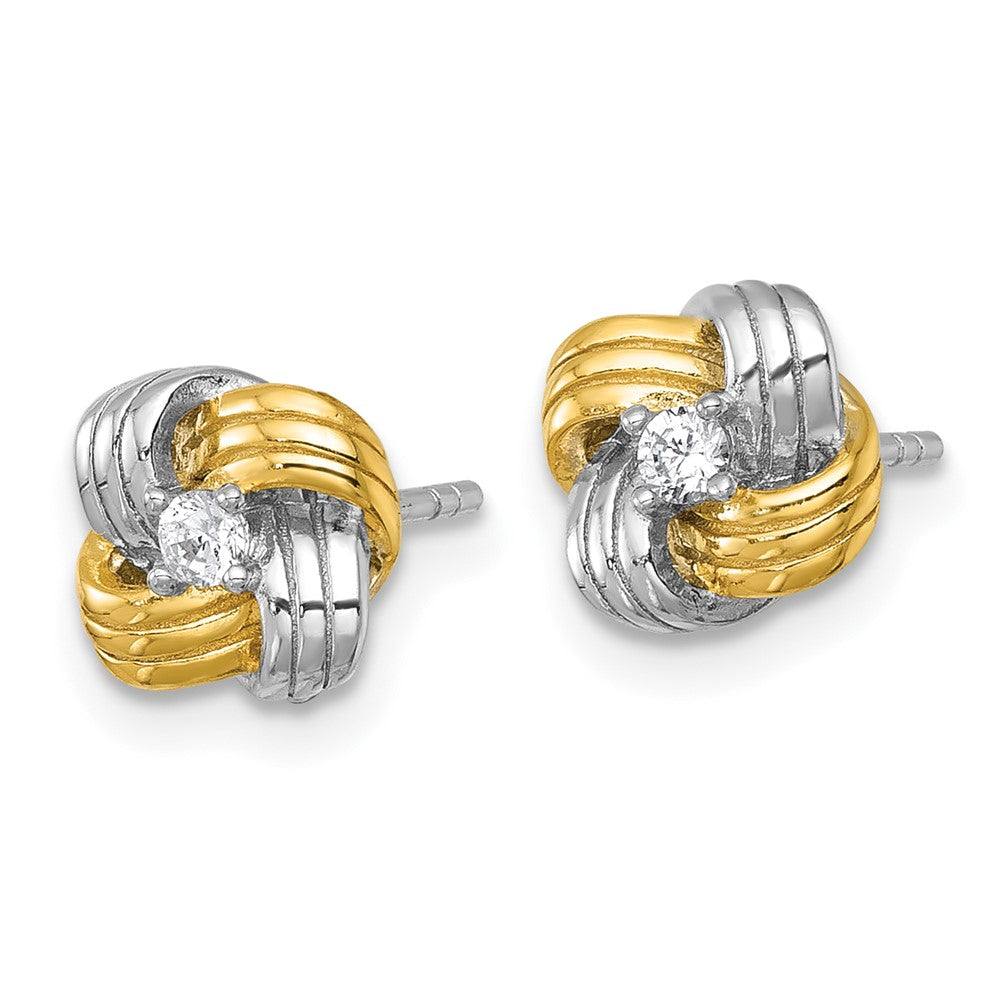 QG7128E Sterling Silver Gold-tone and Rhodium-plated Polished CZ Knot Post Earrings