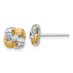 QG7128E Sterling Silver Gold-tone and Rhodium-plated Polished CZ Knot Post Earrings