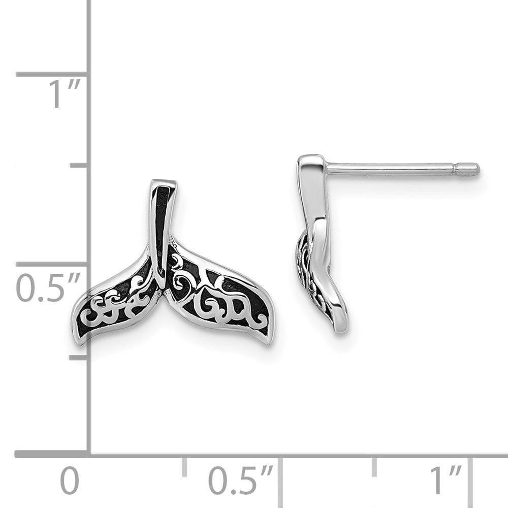 QG7130E Sterling Silver Rhodium-plated Polished and Oxidized Filigree Whale Tail Post Earrings