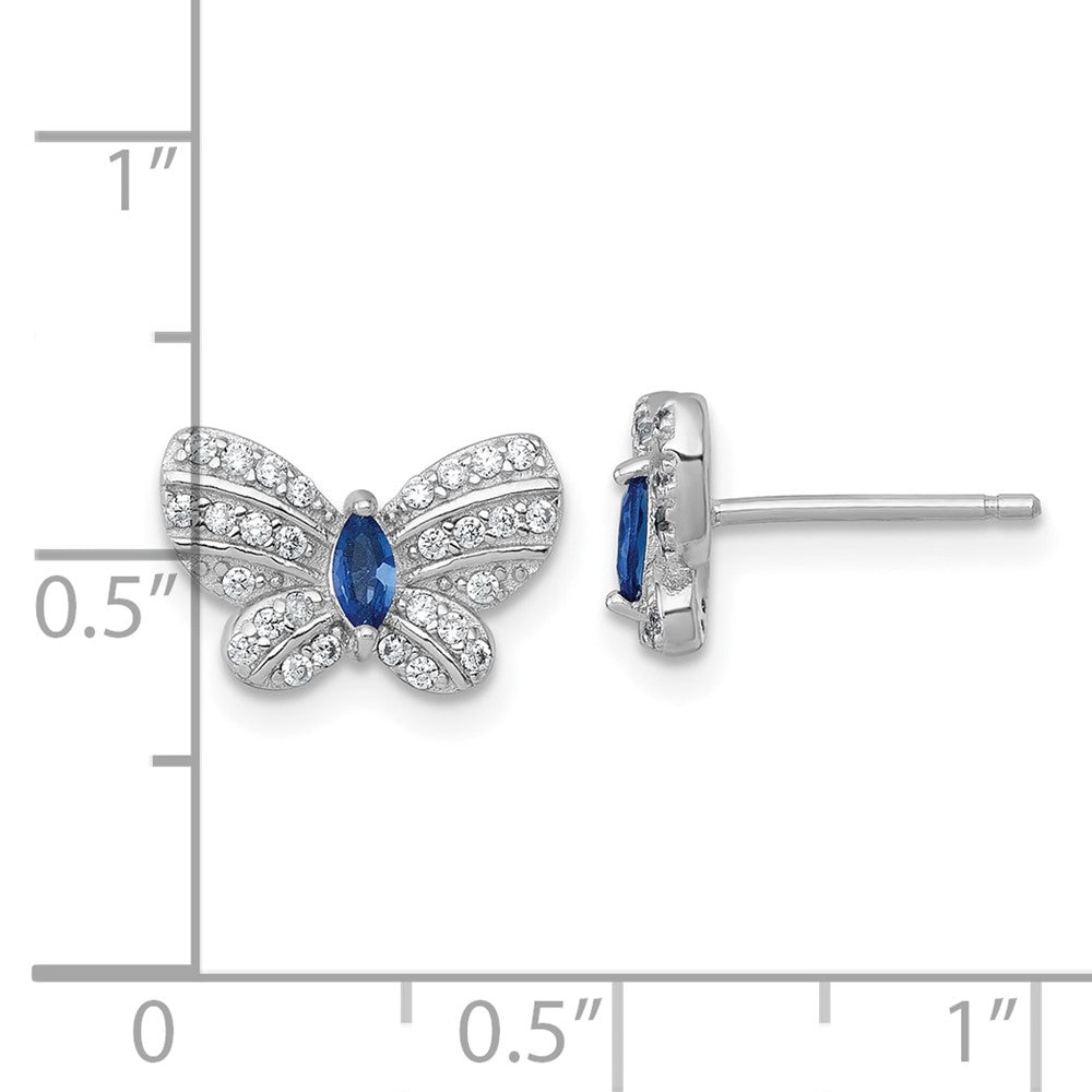 QG7131E Sterling Silver Rhodium-plated Polished Blue Glass and White CZ Butterfly Post Earrings