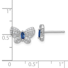 QG7131E Sterling Silver Rhodium-plated Polished Blue Glass and White CZ Butterfly Post Earrings