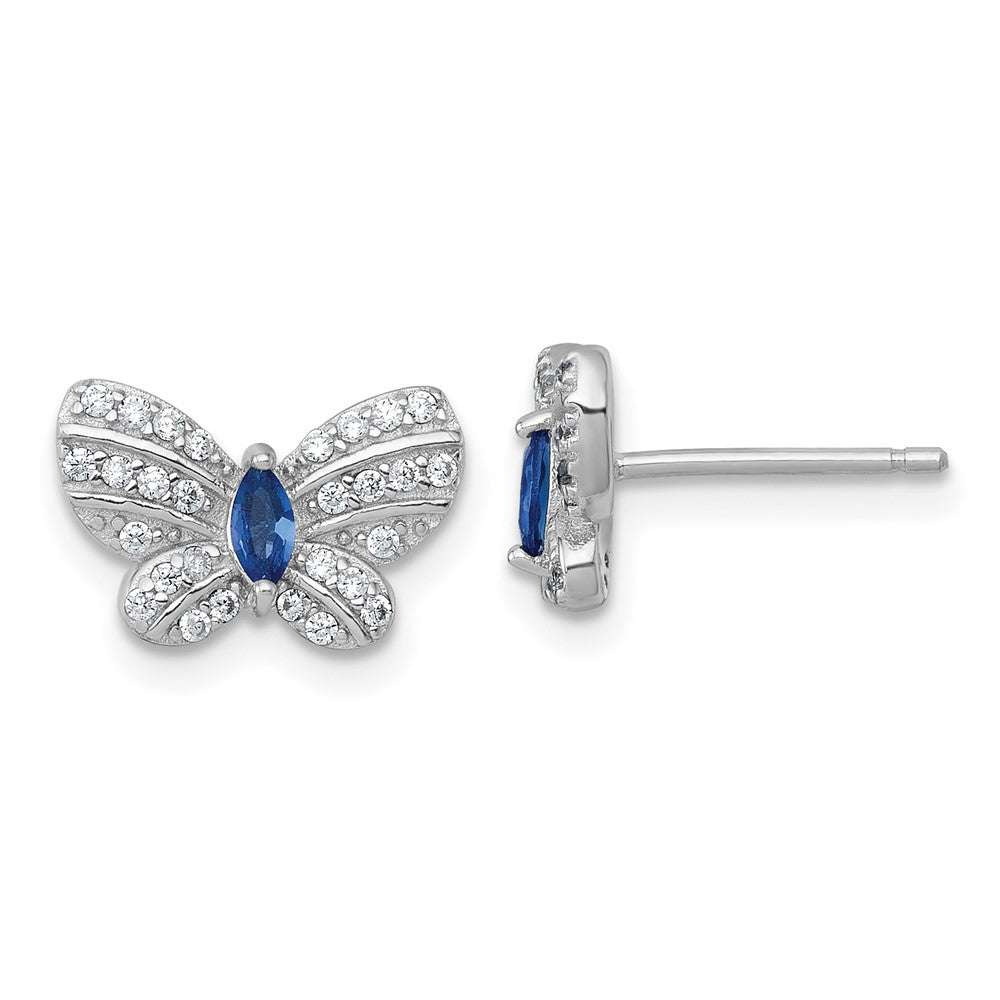 QG7131E Sterling Silver Rhodium-plated Polished Blue Glass and White CZ Butterfly Post Earrings