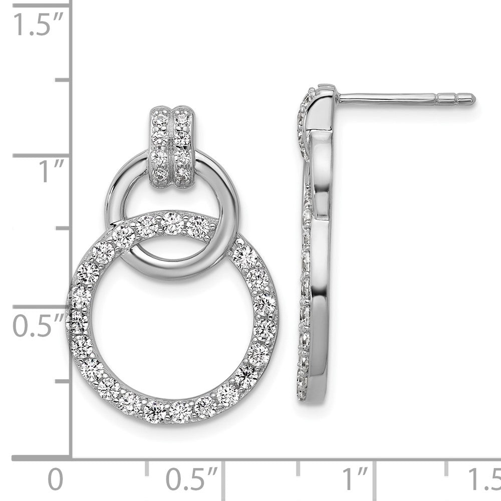 QG7135E Sterling Silver Rhodium-plated Polished CZ Two Circle Dangle Post Earrings