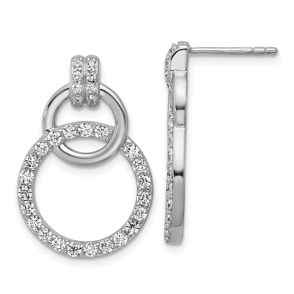 QG7135E Sterling Silver Rhodium-plated Polished CZ Two Circle Dangle Post Earrings