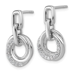 QG7136E Sterling Silver Rhodium-plated Polished CZ Circle Twist Dangle Post Earrings