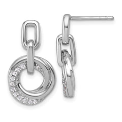QG7136E Sterling Silver Rhodium-plated Polished CZ Circle Twist Dangle Post Earrings