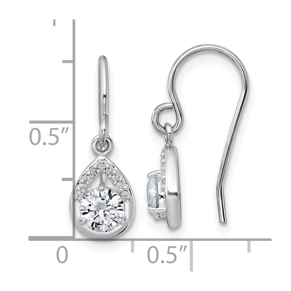 QG7138E Sterling Silver Rhodium-plated Polished Round CZ Teardrop Dangle Shepherd Hook Earrings