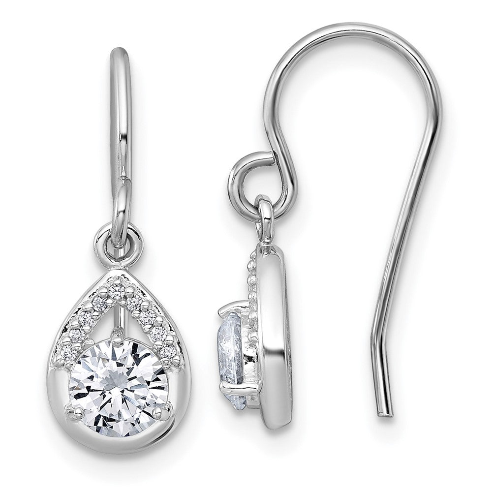 QG7138E Sterling Silver Rhodium-plated Polished Round CZ Teardrop Dangle Shepherd Hook Earrings