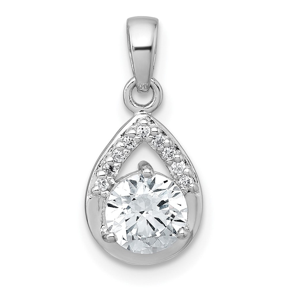Sterling Silver Rhodium-plated Polished Round CZ Teardrop Pendant QG7138P