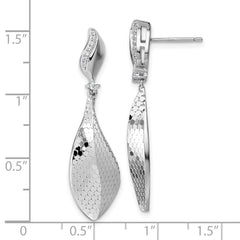 QG7142E Sterling Silver Rhodium-plated CZ Polished Textured Abstract Tear Drop Dangle Post Earrings