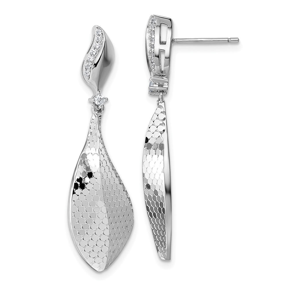 QG7142E Sterling Silver Rhodium-plated CZ Polished Textured Abstract Tear Drop Dangle Post Earrings