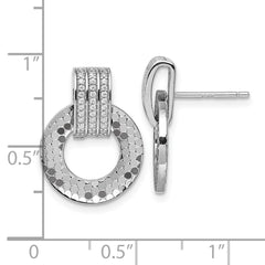 QG7143E Sterling Silver Rhodium-plated CZ Polished Textured Moveable Circle Doorknocker Dangle Post Earrings