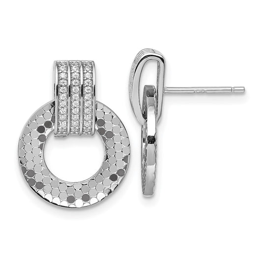 QG7143E Sterling Silver Rhodium-plated CZ Polished Textured Moveable Circle Doorknocker Dangle Post Earrings