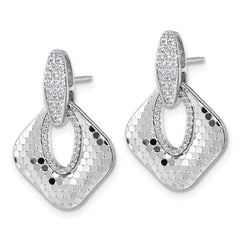 QG7144E Sterling Silver Rhodium-plated CZ Polished Textured Doorknocker Dangle Post Earrings