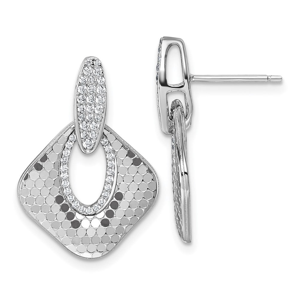 QG7144E Sterling Silver Rhodium-plated CZ Polished Textured Doorknocker Dangle Post Earrings