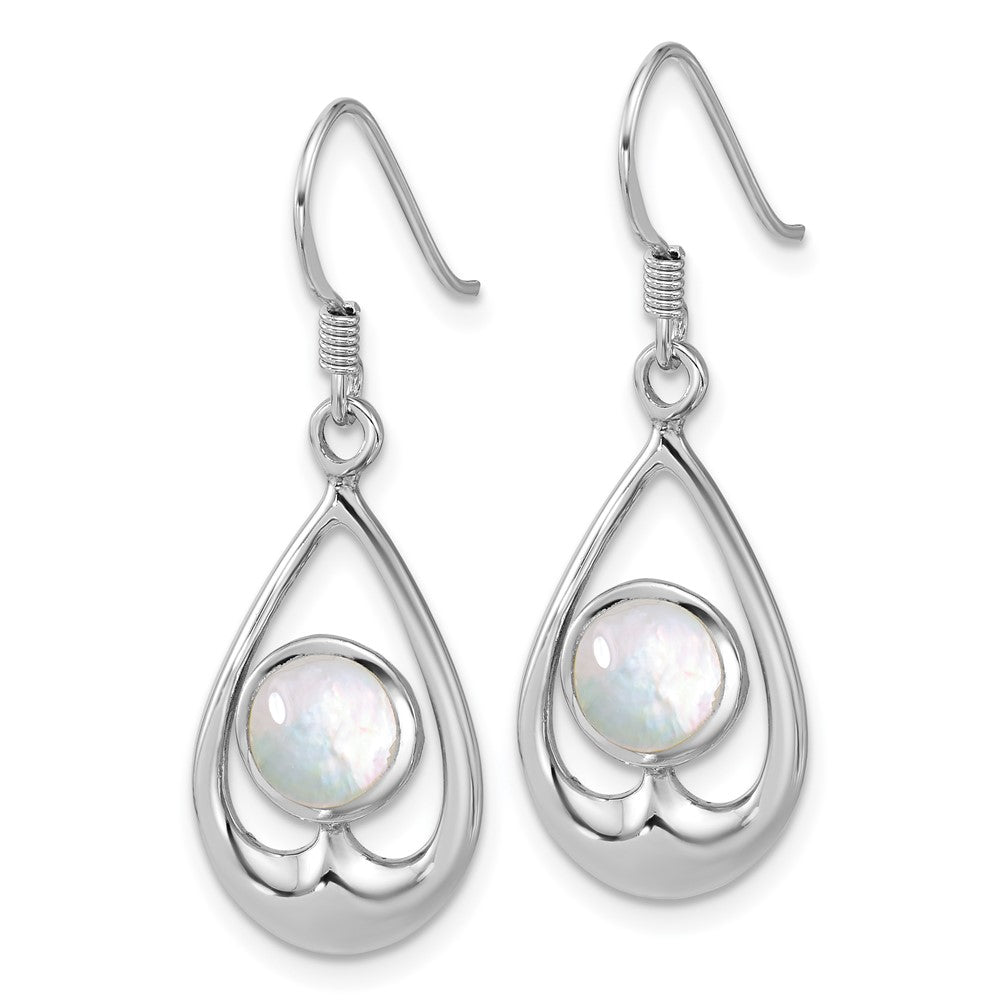 QG7146E Sterling Silver Rhodium-plated Polished Round Mother of Pearl in Teardrop Dangle Shepherd Hook Earrings