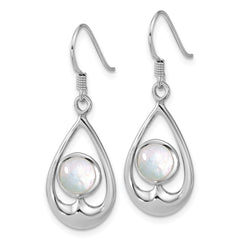 QG7146E Sterling Silver Rhodium-plated Polished Round Mother of Pearl in Teardrop Dangle Shepherd Hook Earrings