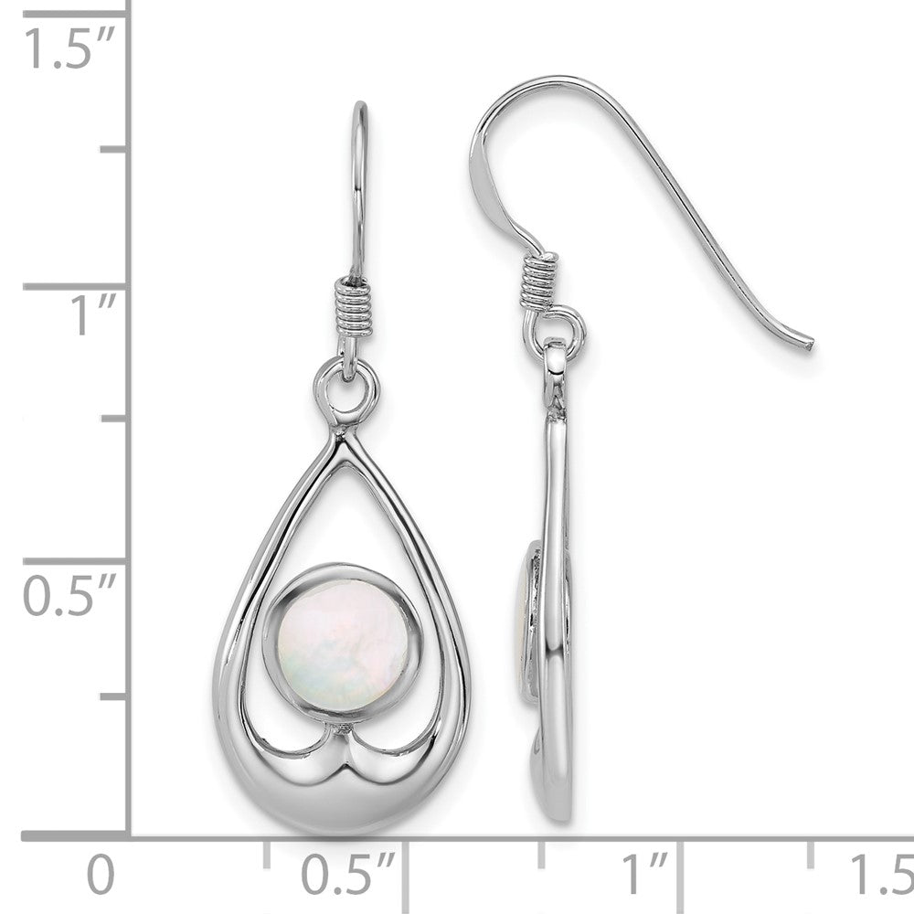 QG7146E Sterling Silver Rhodium-plated Polished Round Mother of Pearl in Teardrop Dangle Shepherd Hook Earrings