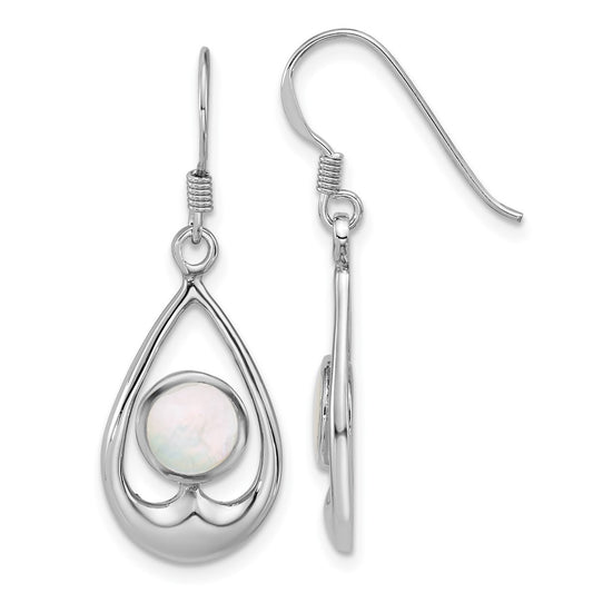 QG7146E Sterling Silver Rhodium-plated Polished Round Mother of Pearl in Teardrop Dangle Shepherd Hook Earrings