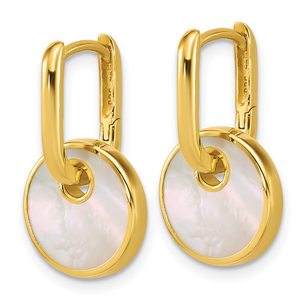 QG7147E Sterling Silver Gold-plated Polished Mother of Pearl Circle Drop Hinged Hoop Earrings