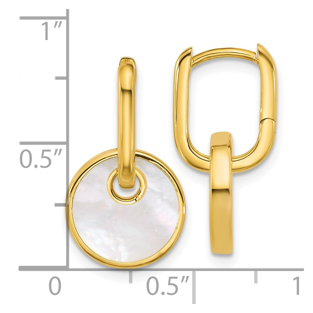 QG7147E Sterling Silver Gold-plated Polished Mother of Pearl Circle Drop Hinged Hoop Earrings