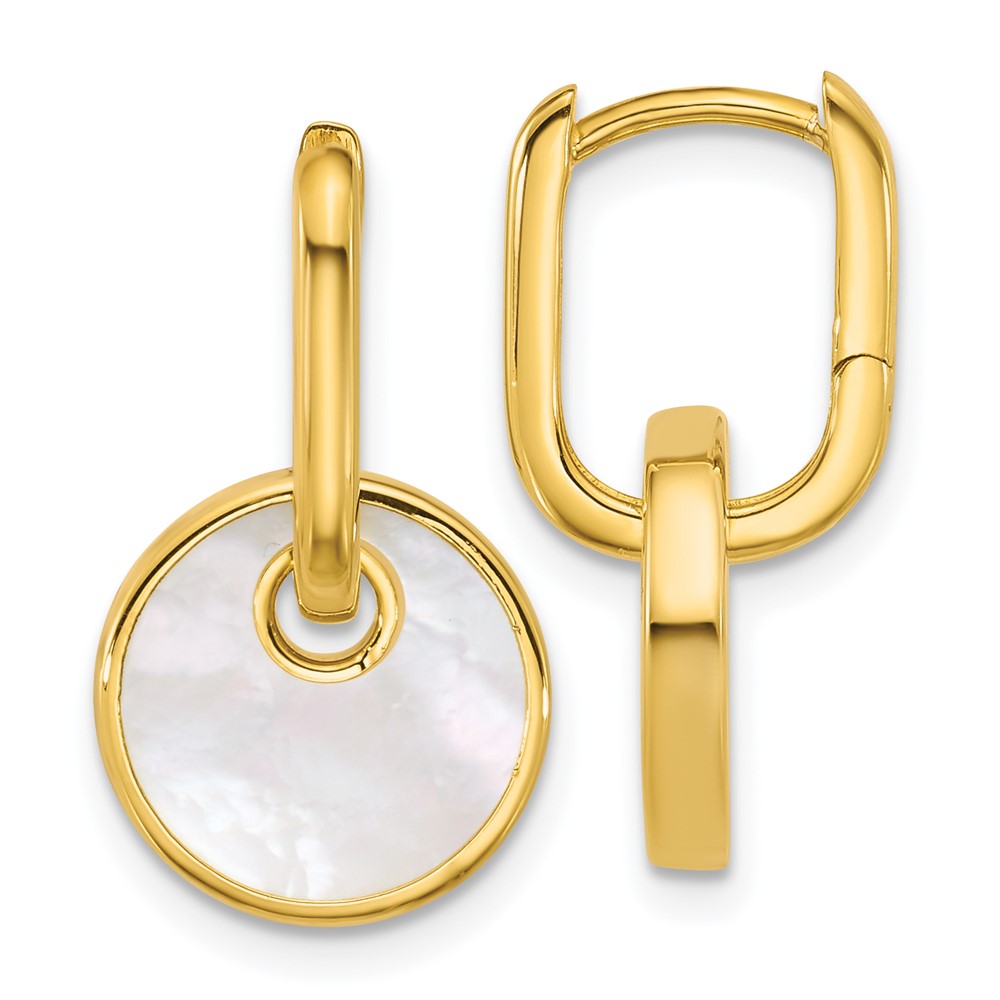 QG7147E Sterling Silver Gold-plated Polished Mother of Pearl Circle Drop Hinged Hoop Earrings