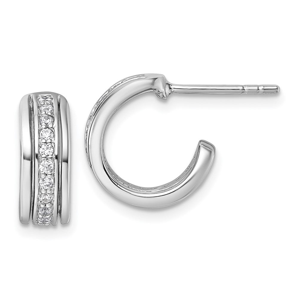 QG7155E Sterling Silver Rhodium-plated Polished White CZ J-Hoop Post Earrings