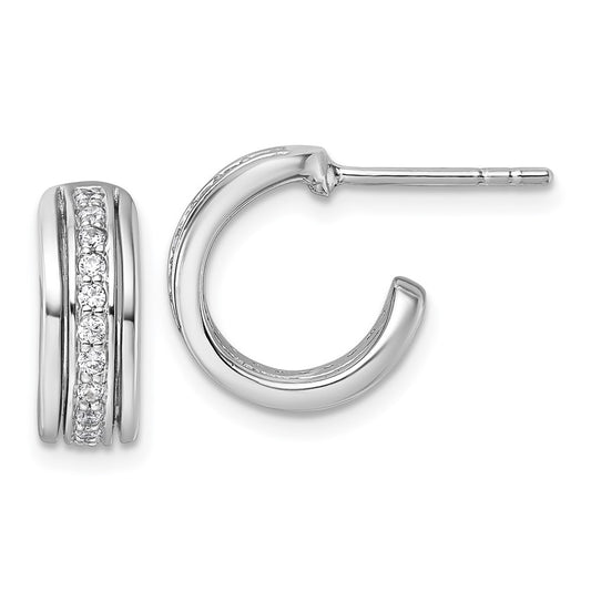 QG7155E Sterling Silver Rhodium-plated Polished White CZ J-Hoop Post Earrings