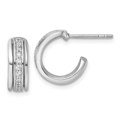 QG7155E Sterling Silver Rhodium-plated Polished White CZ J-Hoop Post Earrings