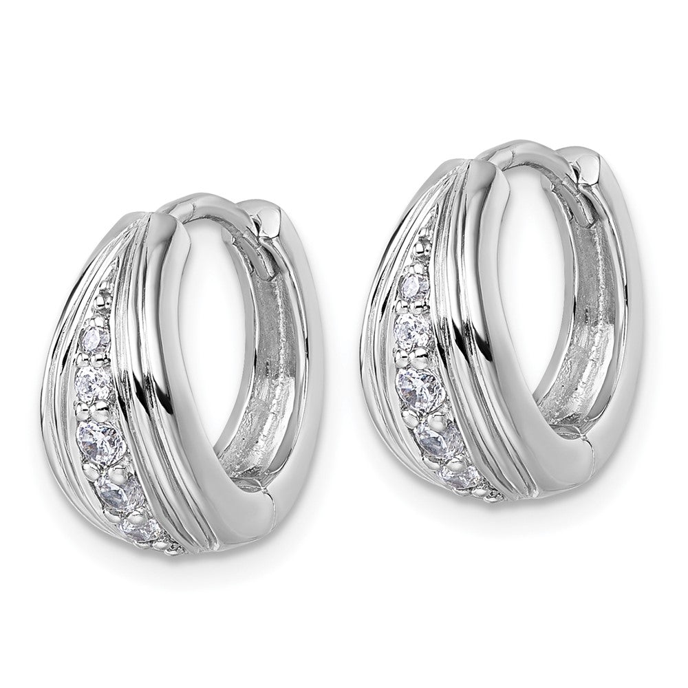 QG7156E Sterling Silver Rhodium-plated Polished and Grooved White CZ Polished Hinged Hoop Earrings