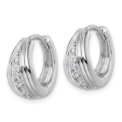 QG7156E Sterling Silver Rhodium-plated Polished and Grooved White CZ Polished Hinged Hoop Earrings