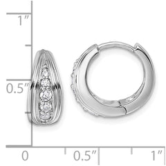 QG7156E Sterling Silver Rhodium-plated Polished and Grooved White CZ Polished Hinged Hoop Earrings