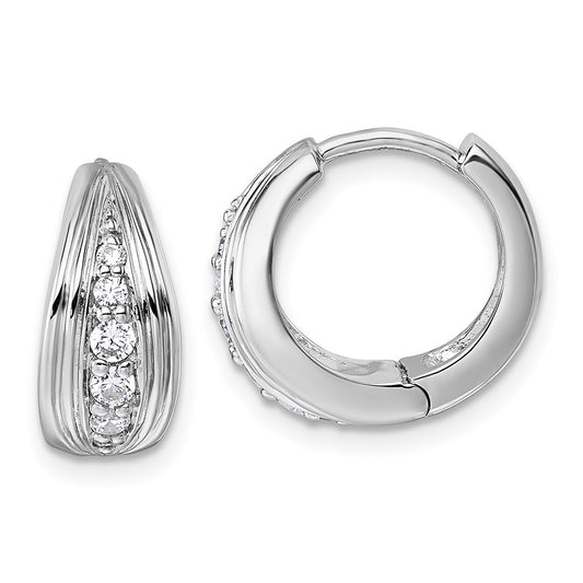 QG7156E Sterling Silver Rhodium-plated Polished and Grooved White CZ Polished Hinged Hoop Earrings