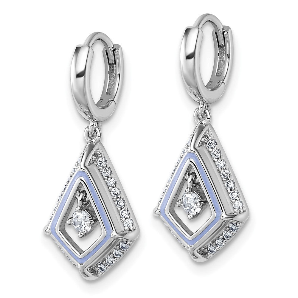 QG7170E Sterling Silver Rhodium-plated Vibrant Moving CZ with Light Purple Enamel Kite-shape Dangle Hinged Hoop Earrings