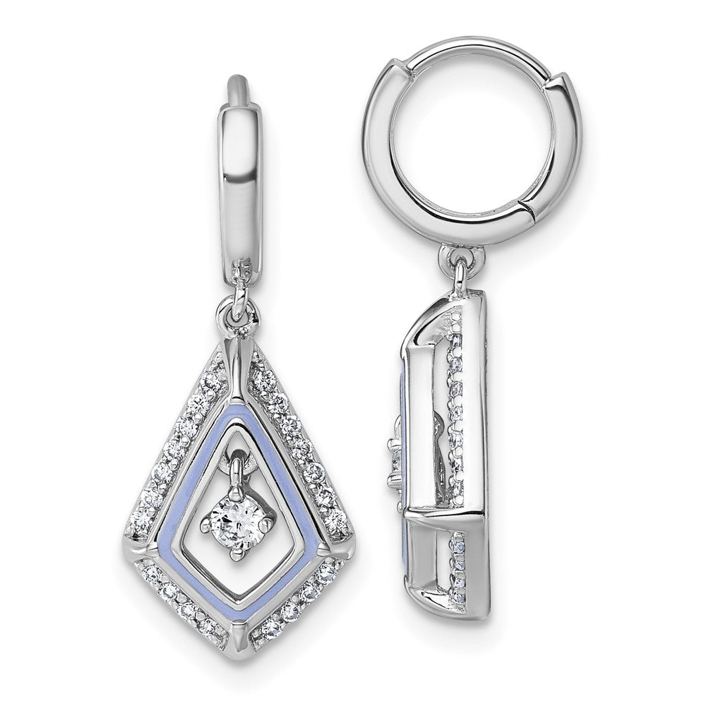 QG7170E Sterling Silver Rhodium-plated Vibrant Moving CZ with Light Purple Enamel Kite-shape Dangle Hinged Hoop Earrings