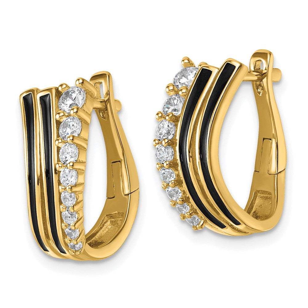 QG7171E Sterling Silver Gold-tone Black Enamel and CZ Hinged Hoop Earrings