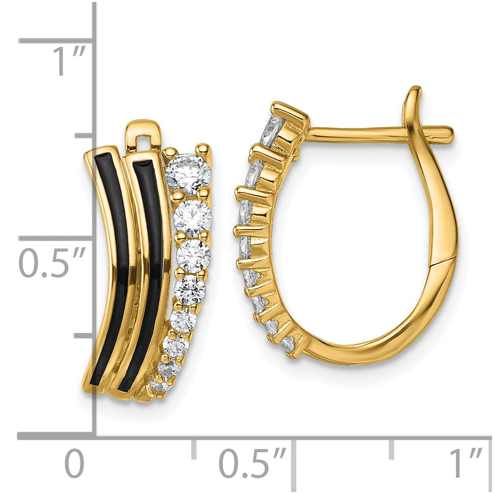 QG7171E Sterling Silver Gold-tone Black Enamel and CZ Hinged Hoop Earrings